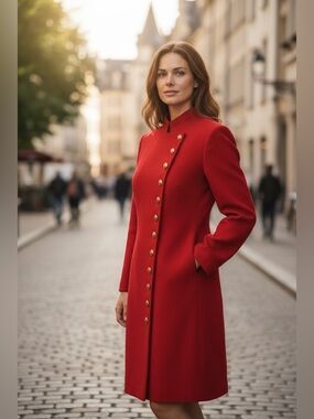 Vintage LRL Ralph Lauren Red Wool Gold Button Military Equestrian Dress Coat 16
